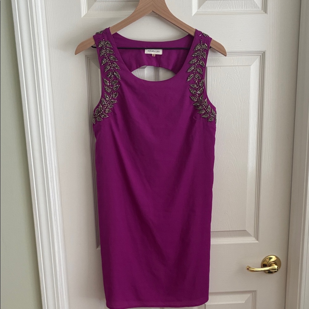 Embellished Purple Sleeveless Dress with keyhole back